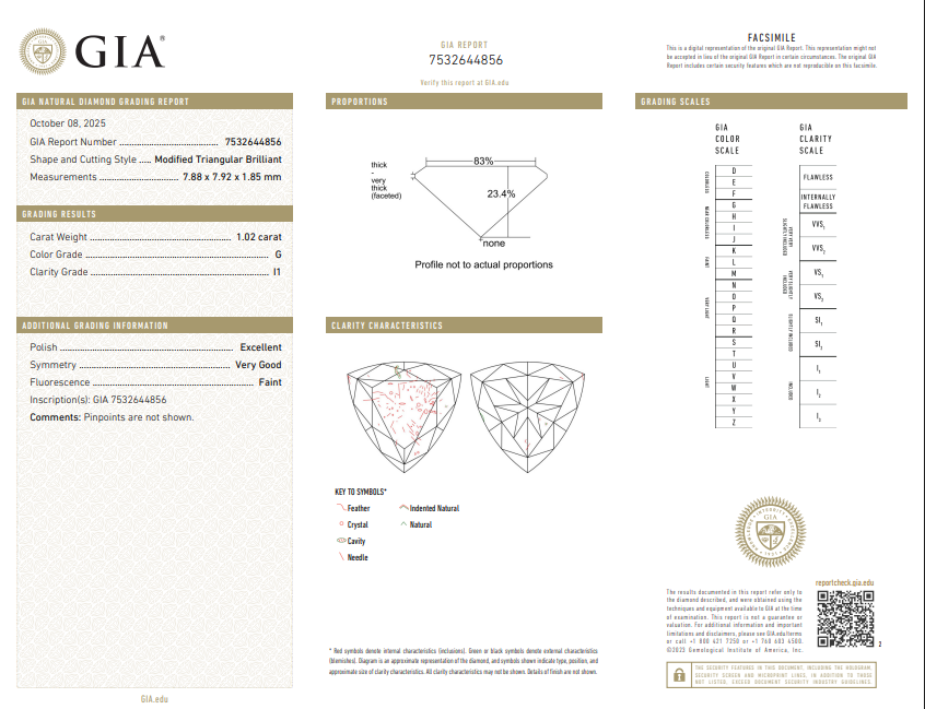 1.02 CT GIA Modified Triangular Brilliant Natural Diamond G I1
