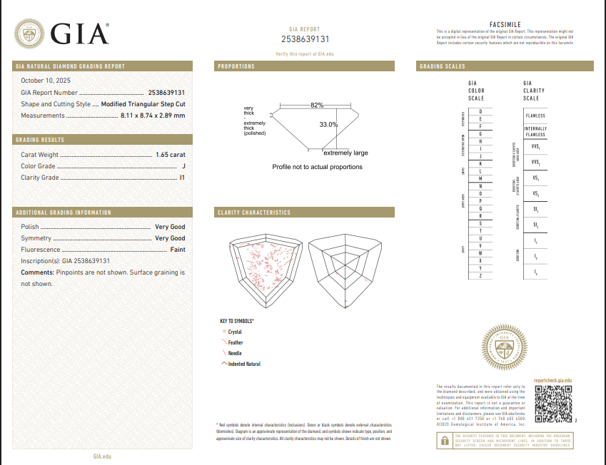 1.65 CT GIA Modified Triangular Step Cut Natural Diamond J I1