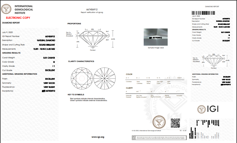 5.01 CT IGI Round Brilliant Natural Diamond G I1 XXVG