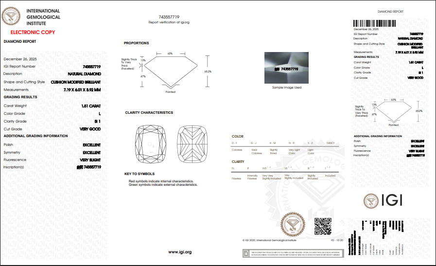 1.51 CT IGI Cushion Modified Brilliant Natural Diamond L SI1