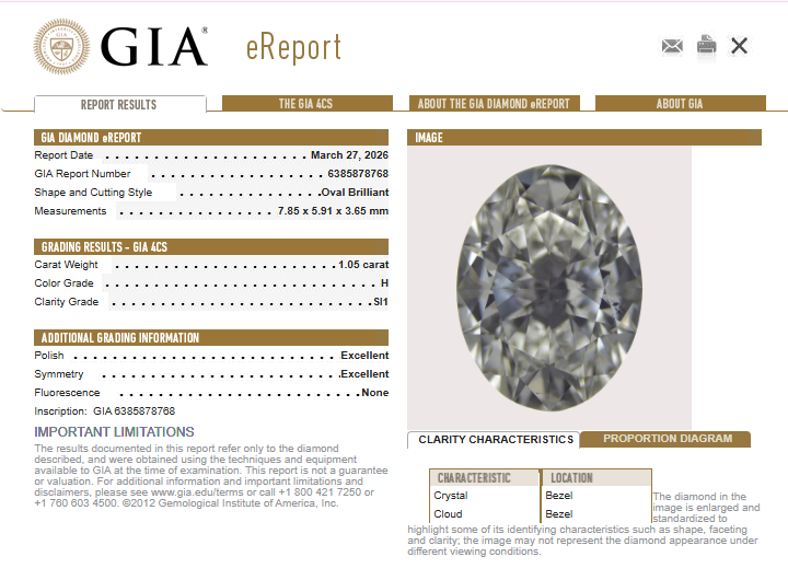 1.05 CT GIA Oval Shaped Natural Diamond H SI1