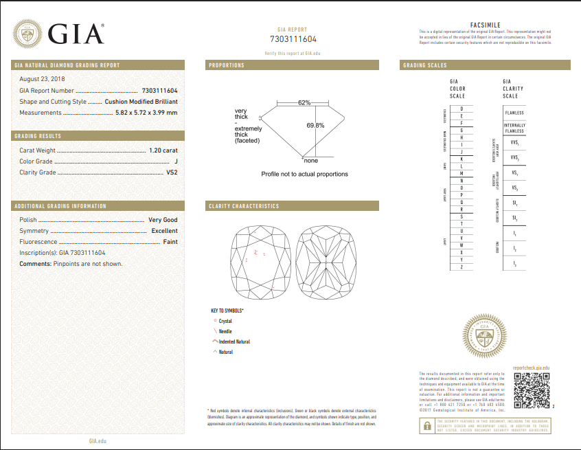 1.20 CT GIA Cushion Modified Brilliant Natural Diamond J VS2