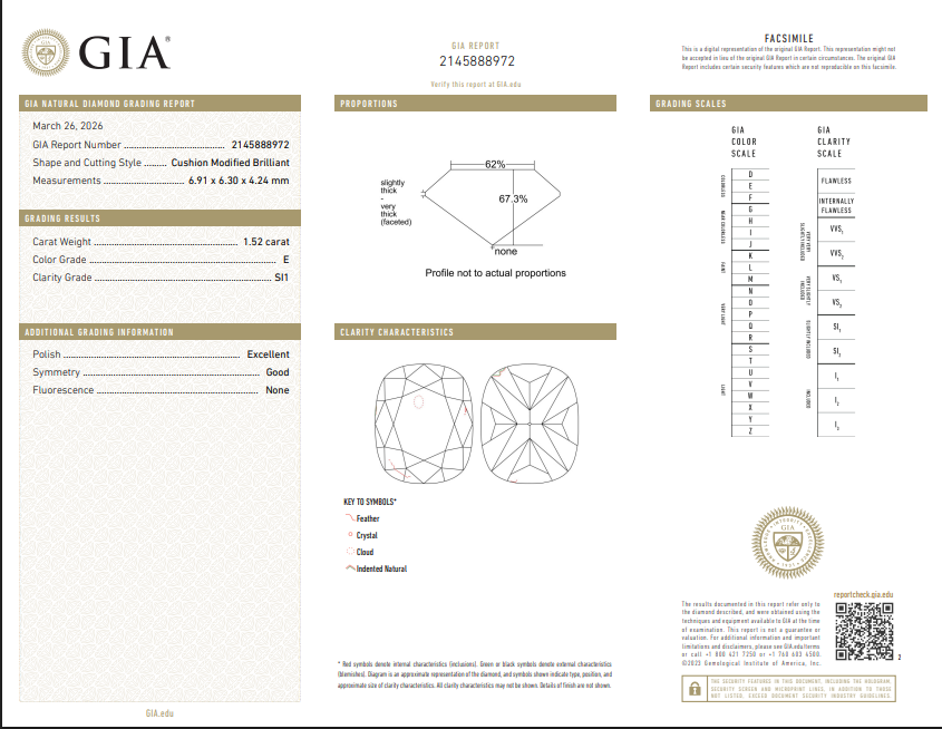 1.52 CT GIA Cushion Modified Brilliant Natural Diamond E SI1