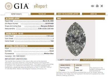 1.04 CT GIA Marquise Cut Natural Diamond I VS2