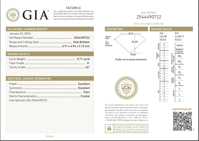 0.71 CT GIA Oval Shaped Natural Diamond K SI1