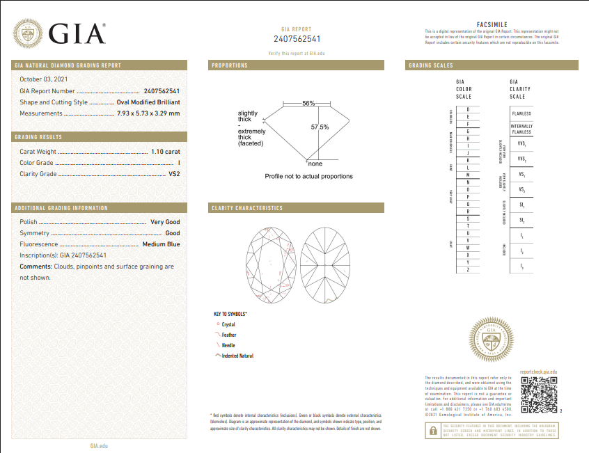 1.10 CT GIA Oval Shaped Natural Diamond I VS2