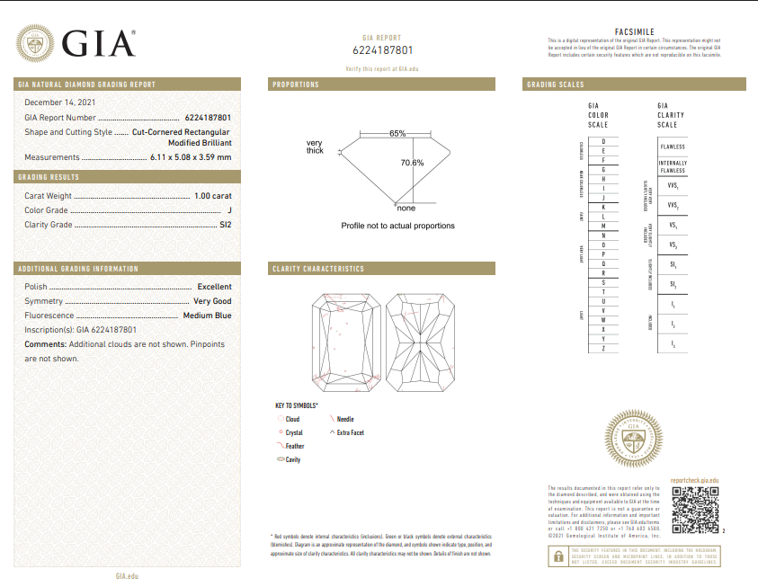 1.00 CT GIA Radiant Cut Natural Diamond J SI2