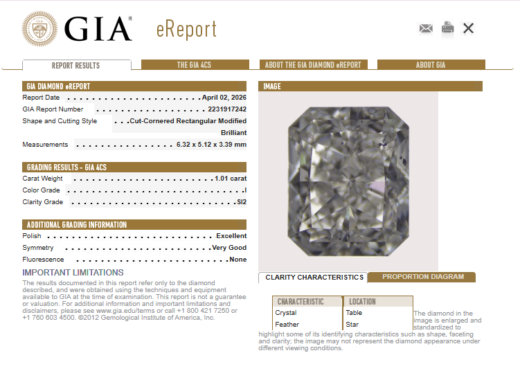 1.01 CT GIA Radiant Cut Natural Diamond I SI2