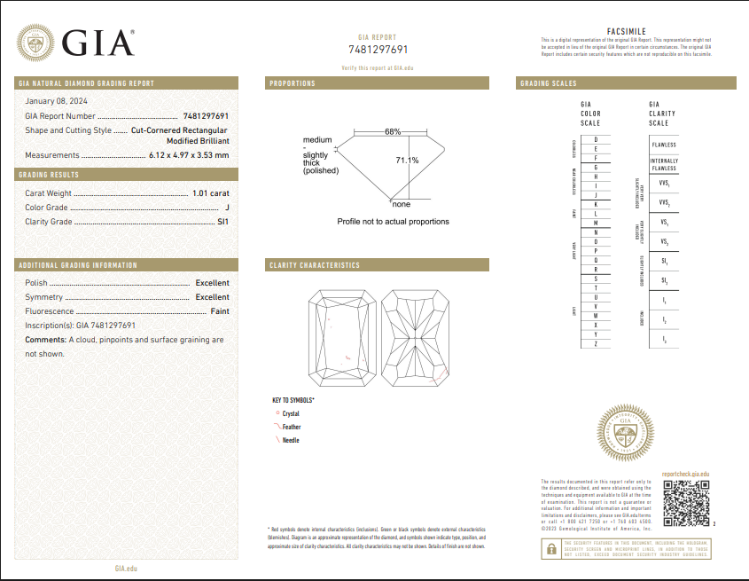 1.01 CT GIA Radiant Cut Natural Diamond J SI1