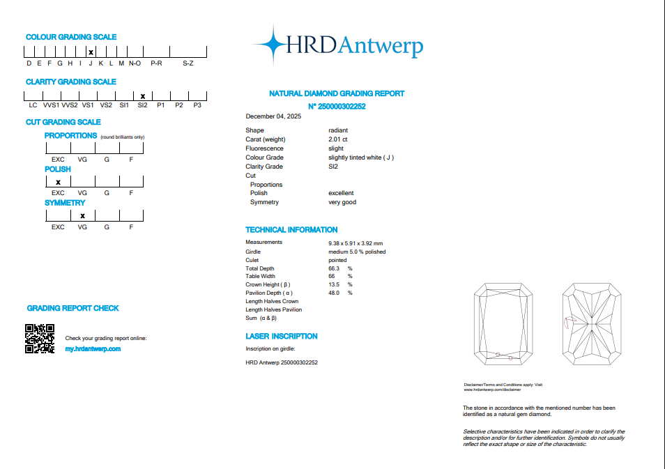 2.01 CT HRD Radiant Cut Natural Diamond J SI2