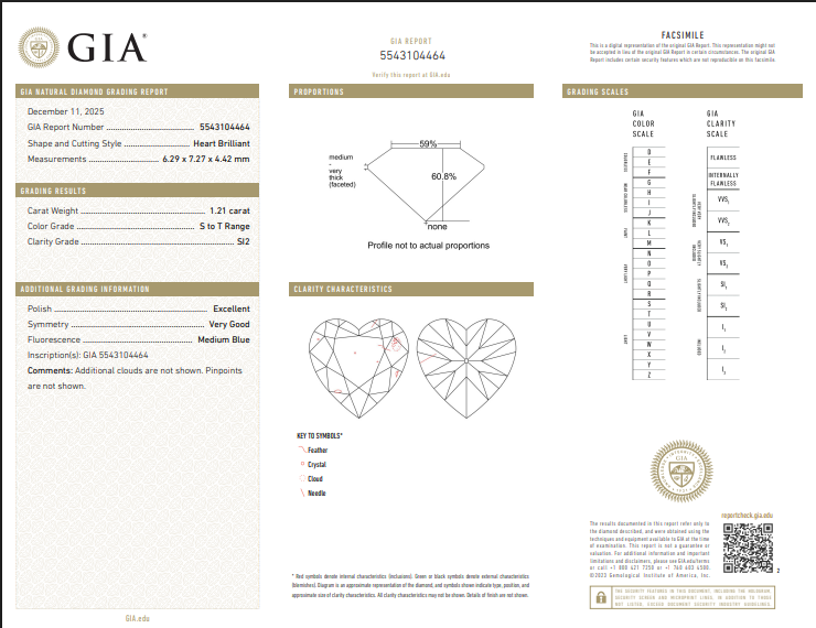 1.21 CT GIA Heart Shaped Natural Diamond S-T SI2