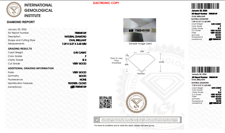 0.90 CT IGI Oval Shaped Natural Diamond F SI2