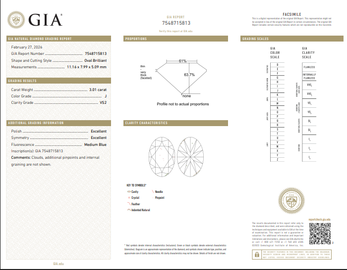 3.01 CT GIA Oval Shaped Natural Diamond J VS2