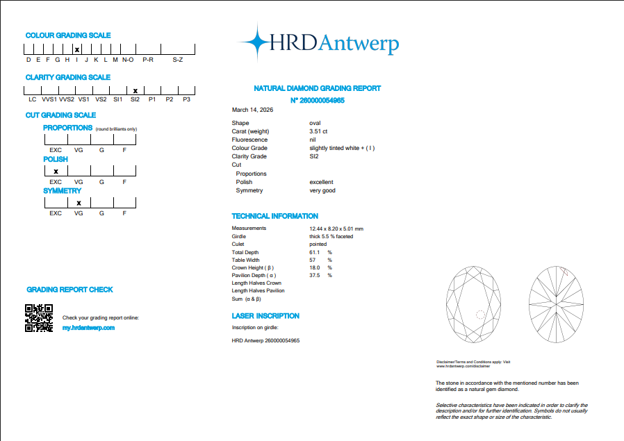 3.51 CT HRD Oval Shaped Natural Diamond I SI2