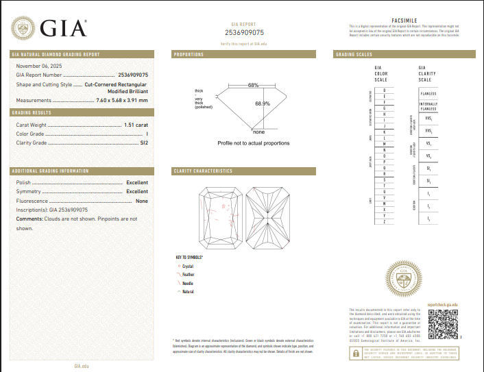 1.51 CT GIA Radiant Cut Natural Diamond I SI2