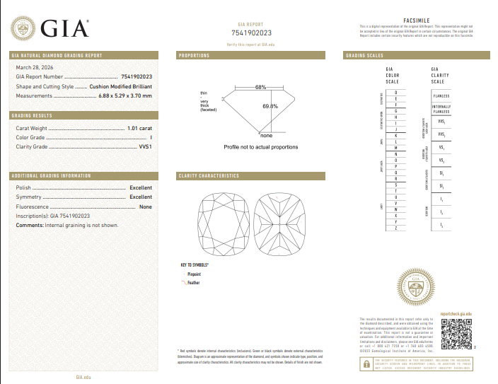1.01 CT GIA Cushion Shaped Natural Diamond I VVS1