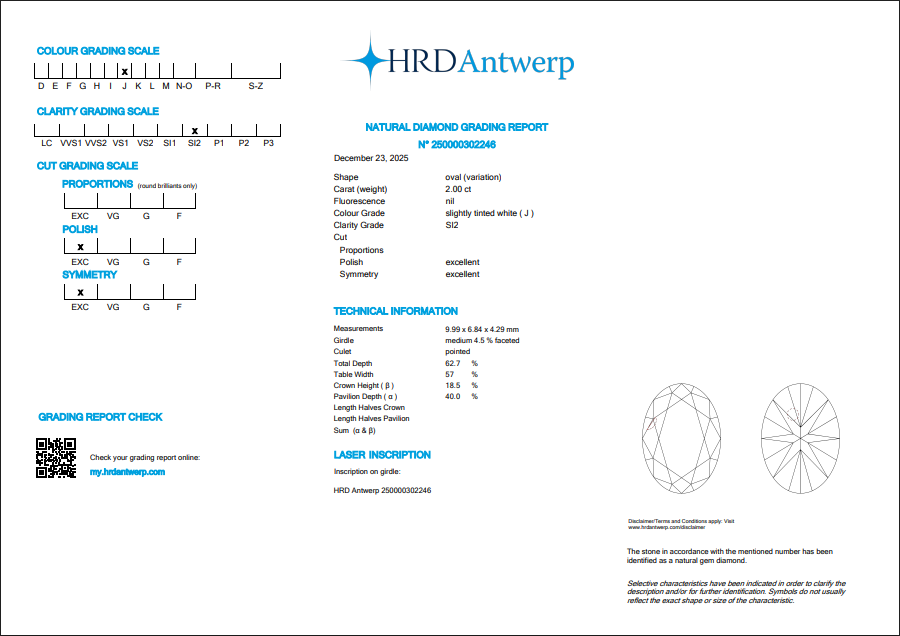2.00 CT HRD Oval Shaped Natural Diamond J SI2