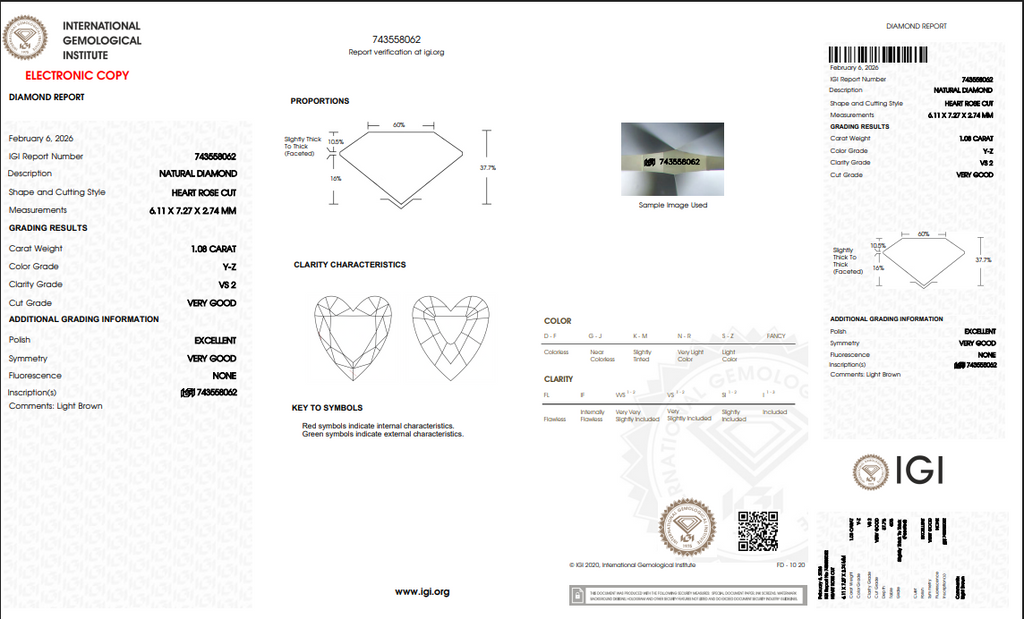 1.08 CT IGI Heart Rose Cut Natural Diamond Y-Z VS2