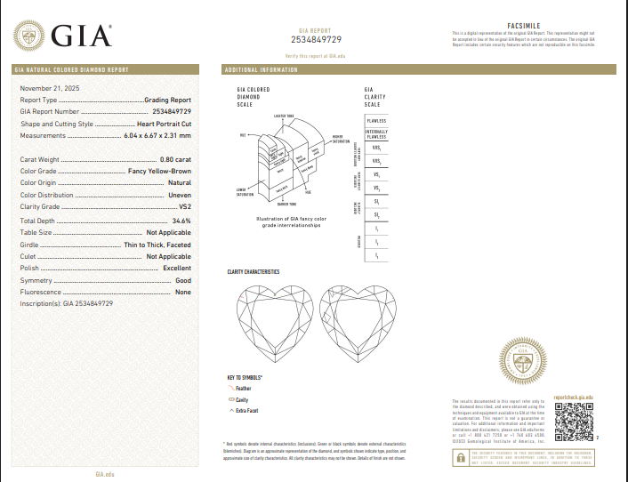 0.80 CT GIA Heart Brilliant Natural Diamond Fancy Yellow-Brown VS2