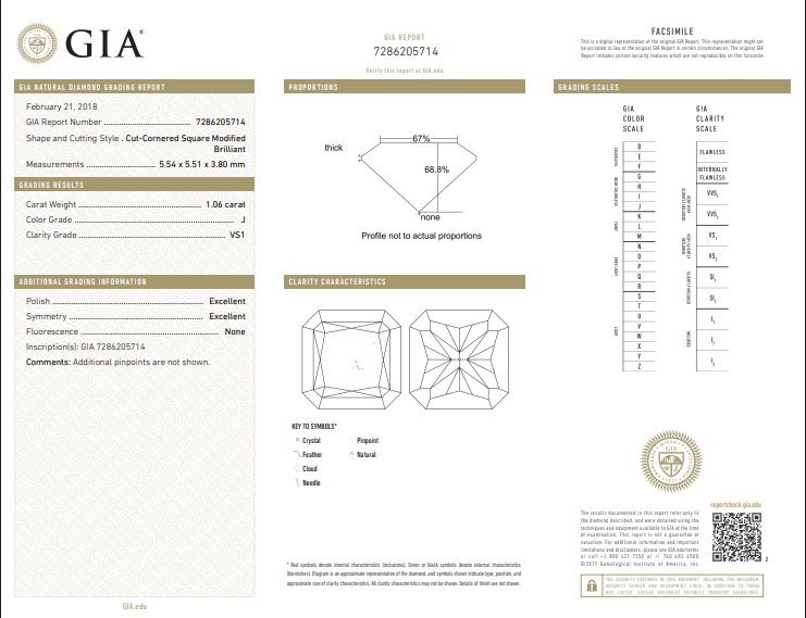 1.06 CT GIA Radiant Cut Natural Diamond J VS1