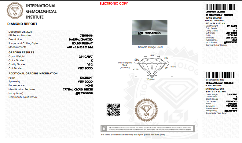 1.81 CTW IGI Round Brilliant Natural Diamond Match K-M VS2-SI1