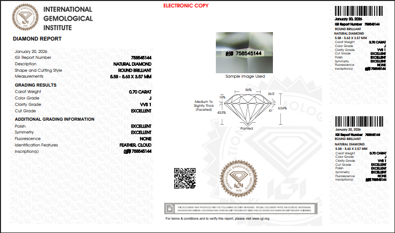 1.45 CTW IGI Round Brilliant Natural Diamond Match J VVS1