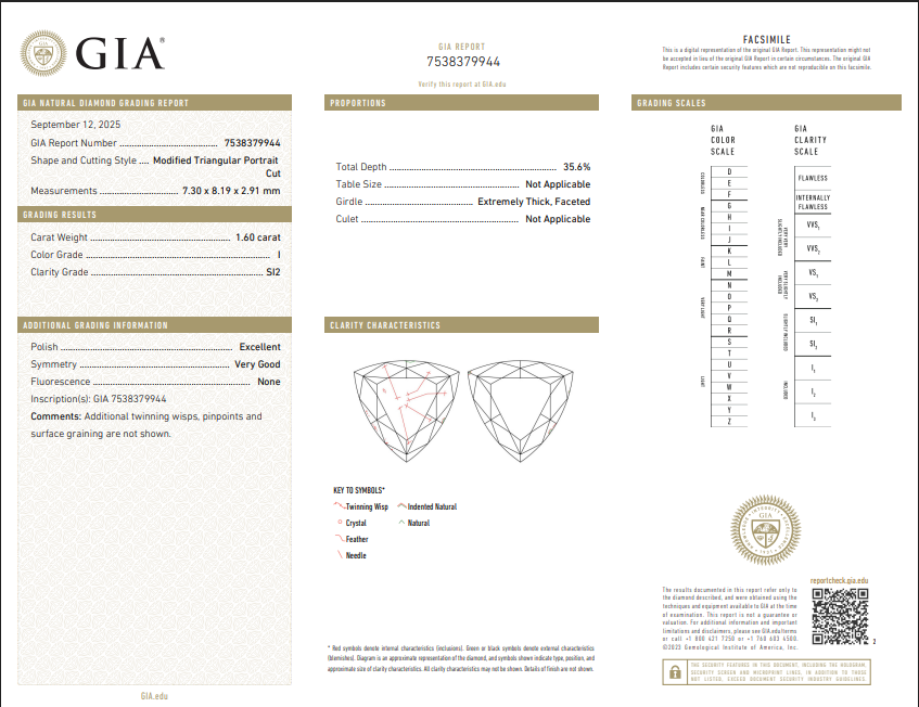 1.60 CT GIA Modified Triangular Portrait Cut Natural Diamond I SI2