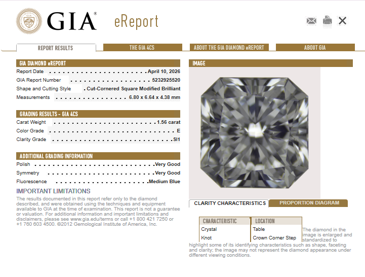 1.56 CT GIA Radiant Cut Natural Diamond E SI1