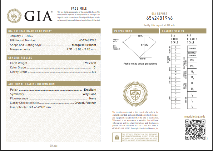 0.90 CT GIA Marquise Brilliant Natural Diamond D SI2