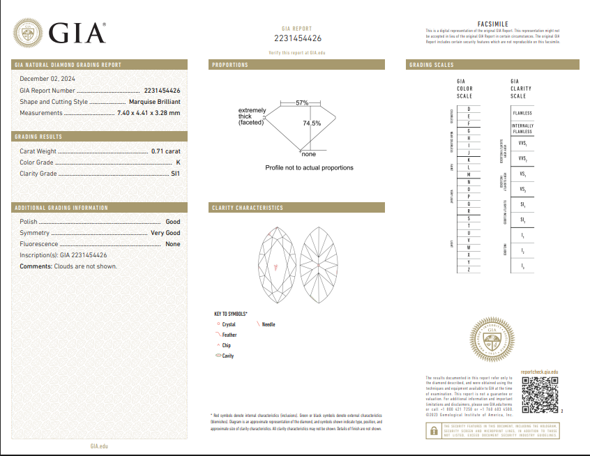 0.71 CT GIA Marquise Brilliant Natural Diamond K SI1