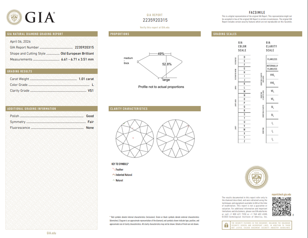 1.01 CT GIA Old European Cut Natural Diamond Ring L VS1