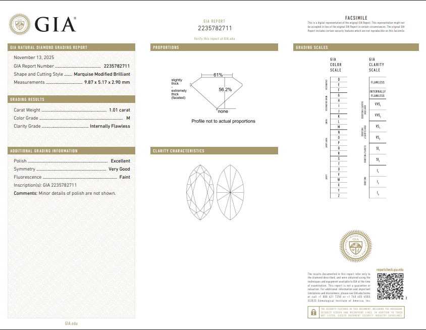 1.01 CT GIA Marquise Modified Brilliant Natural Diamond M IF