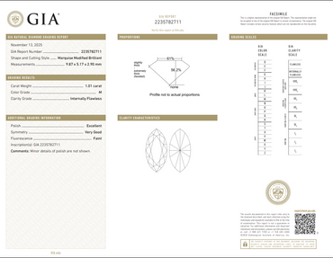 1.01 CT GIA Marquise Modified Brilliant Natural Diamond M IF