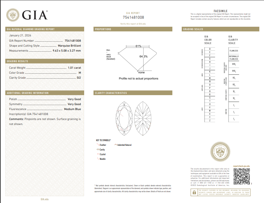 1.01 CT GIA Marquise Brilliant Natural Diamond M SI2