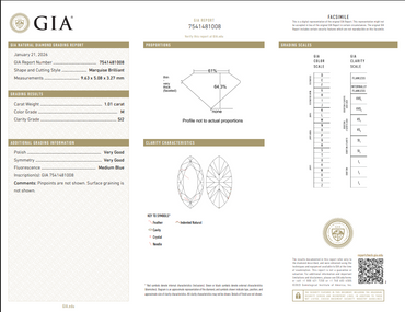 1.01 CT GIA Marquise Brilliant Natural Diamond M SI2