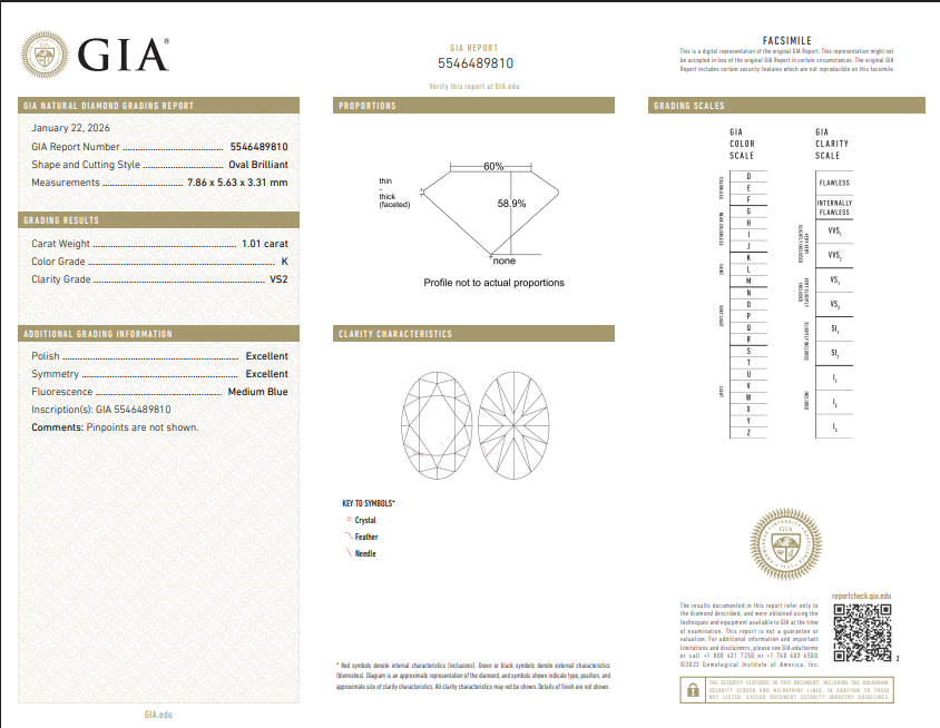 1.01 CT GIA Oval Brilliant Natural Diamond K VS2 XX