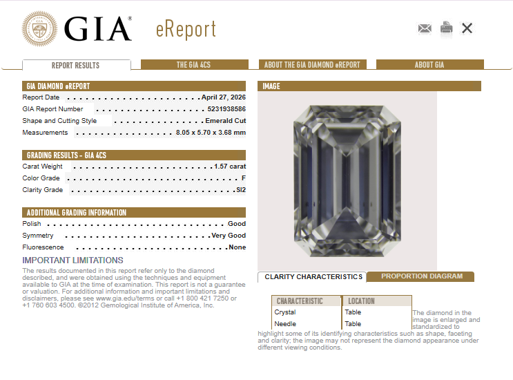 1.57 CT GIA Emerald Cut Natural Diamond F SI2