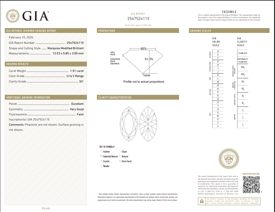 1.51 CT GIA Marquise Modified Brilliant Natural Diamond U-V SI1