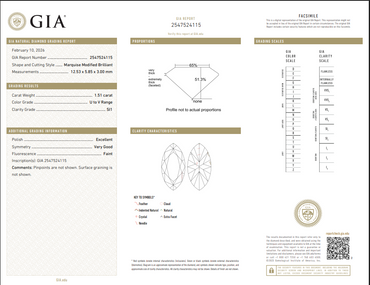 1.51 CT GIA Marquise Modified Brilliant Natural Diamond U-V SI1