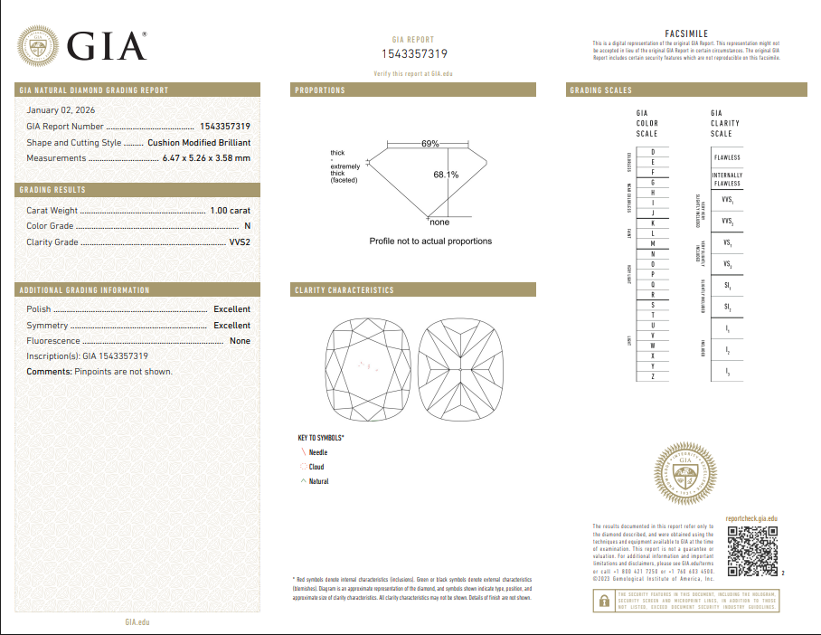 1.00 CT GIA Cushion Modified Brilliant Natural Diamond N VVS2