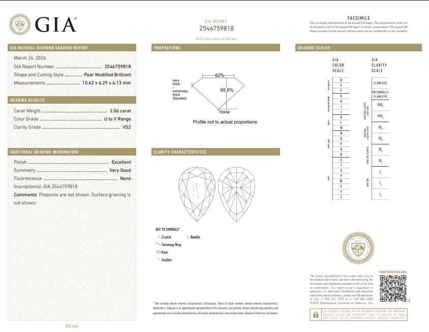 2.06 CT GIA Pear Modified Brilliant Natural Diamond U-V VS2