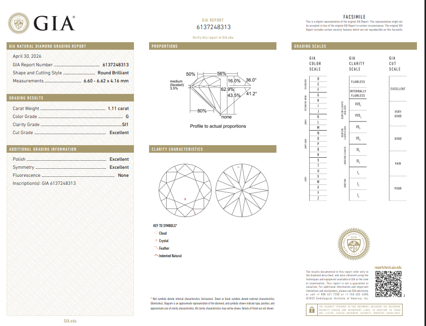 1.11 CT GIA Round Brilliant Natural Diamond G SI1 XXX