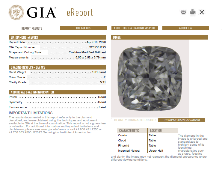 1.01 CT GIA Cushion Modified Brilliant Natural Diamond E VS1