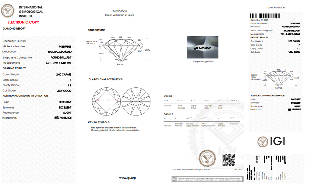 2.00 CT IGI Round Brilliant Natural Diamond F I1