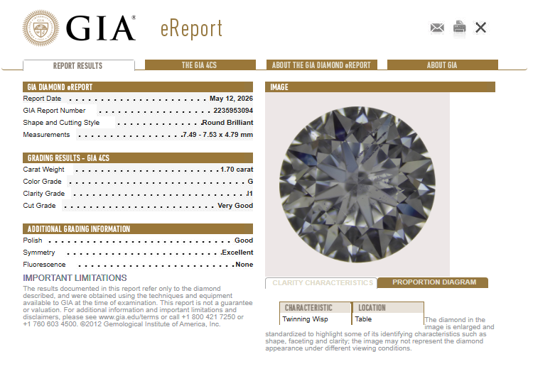 1.70 CT GIA Round Brilliant Natural Diamond G I1