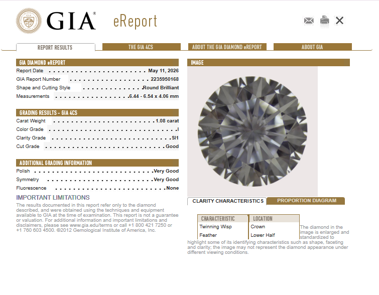 1.08 CT GIA Round Brilliant Natural Diamond I SI1