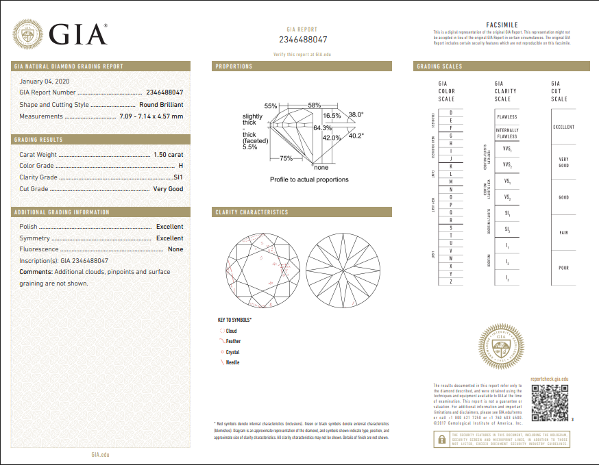 1.50 CT GIA Round Brilliant Natural Diamond H SI1
