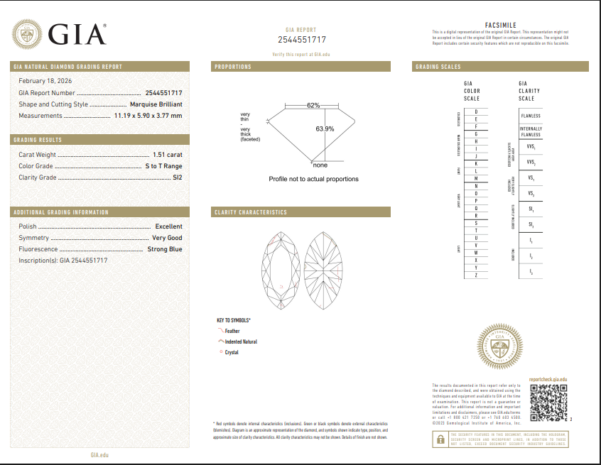 1.51 CT GIA Marquise Brilliant Natural Diamond S to T SI2