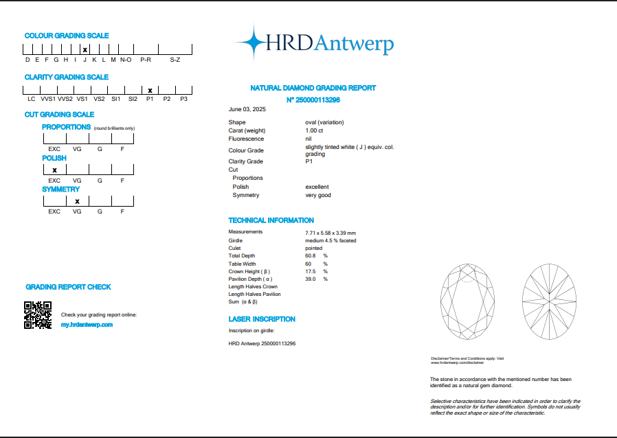 1.00 CT HRD Oval Natural Diamond J I1
