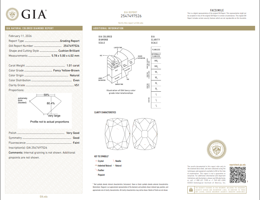 1.01 CT GIA Cushion Brilliant Natural Diamond Fancy Yellow-Brown VS1